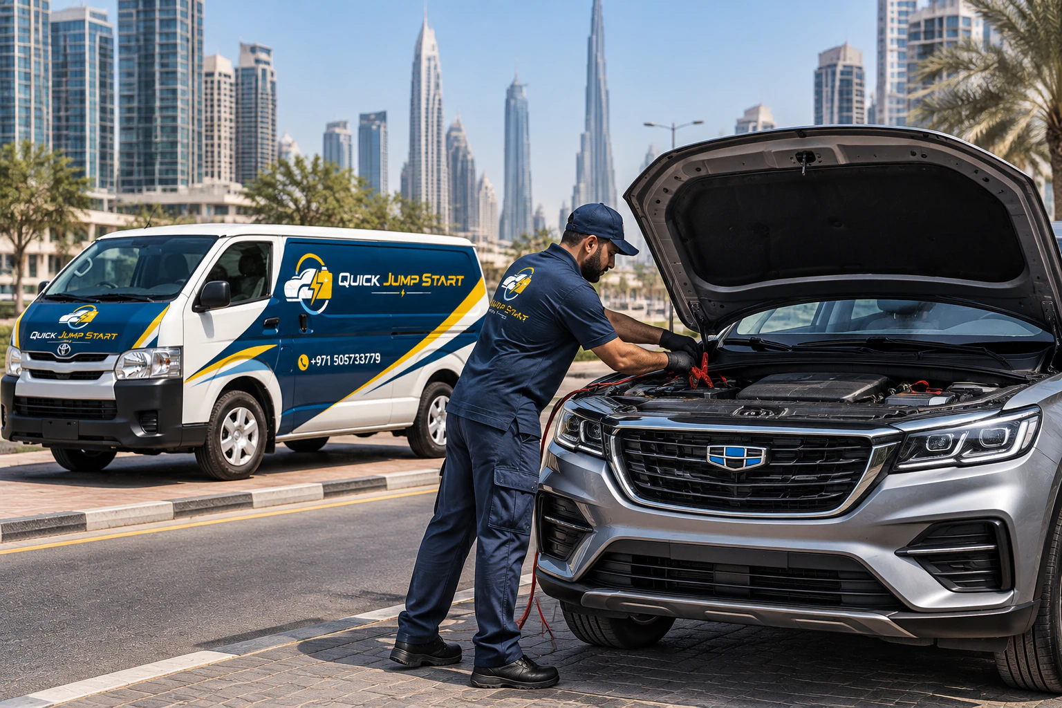 Geely jump start service in Dubai
